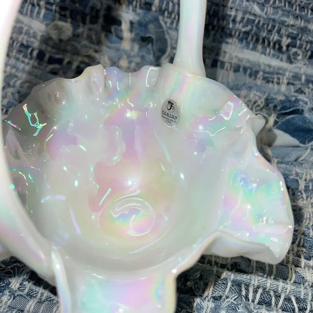 Fenton Hand painted Basket w/Handle Opalescent Signed by Artist